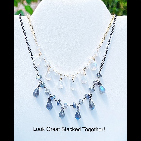Rainbow Moonstone or Labradorite Briolette & Rondelle Necklace on Chains NWT - Picture 2 of 11